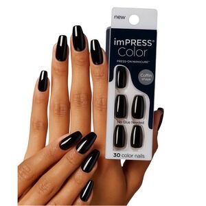 imPRESS Color Press On Manicure Coffin Shape Black Static Medium 30 Nails 97-16